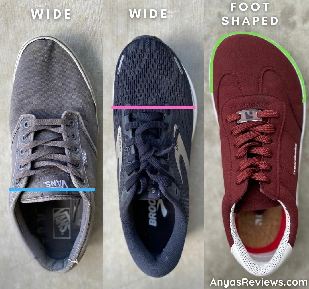 Wide vs. foot-shaped shoes; source: anyasreviews.com